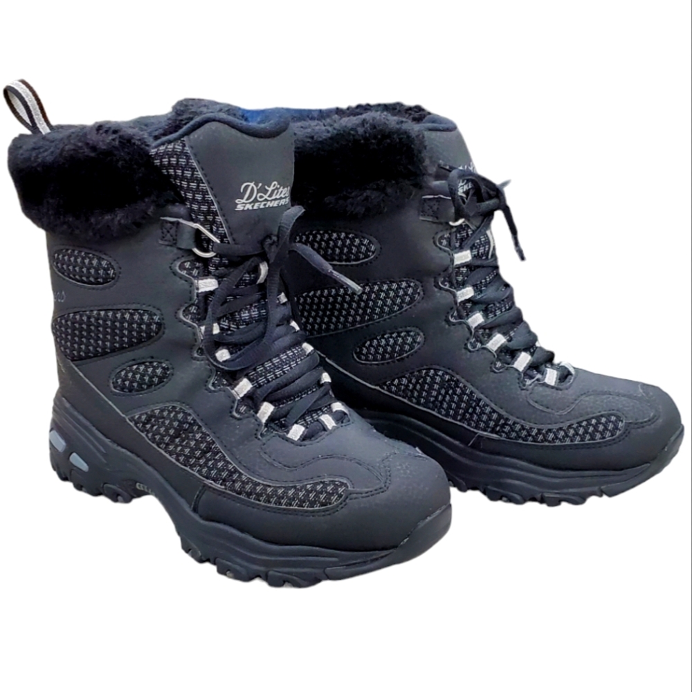 Skechers Black Women's Winter Lace-Up Fur-Trim Rain Boots